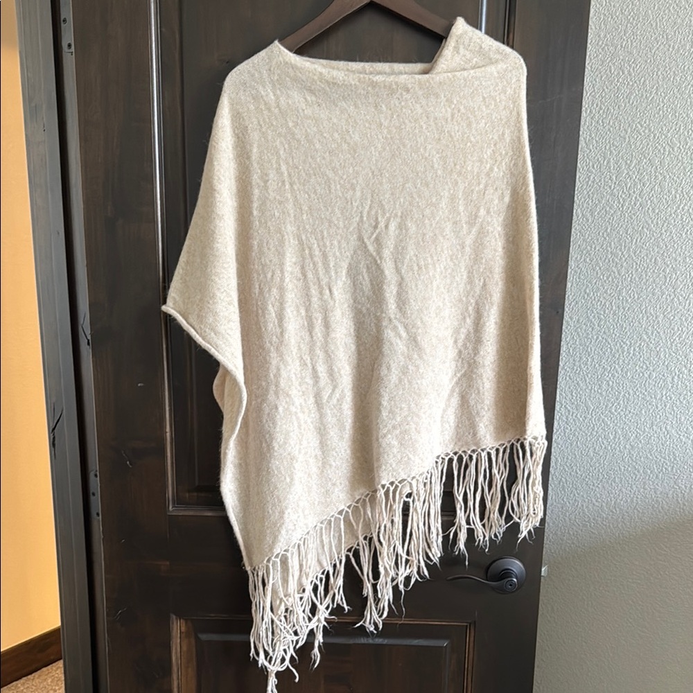 Cream Poncho with Fringe